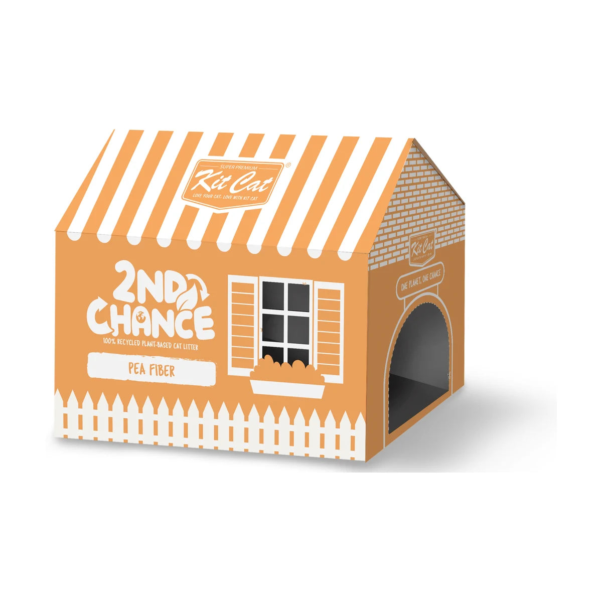 Orange and white Kit Cat 2nd Chance Pea Fiber Plant-Based Cat Litter bulk carton with house-shaped packaging, containing six 2.5 kg bags of recycled clumping cat litter.