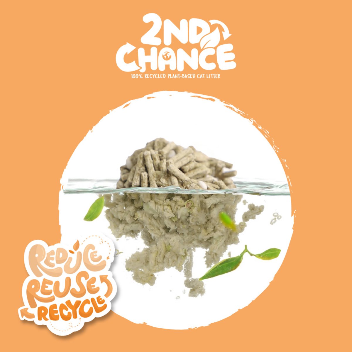 Kit Cat 2nd Chance Pea Fiber plant-based litter clump breaking down in water to demonstrate the flushable feature