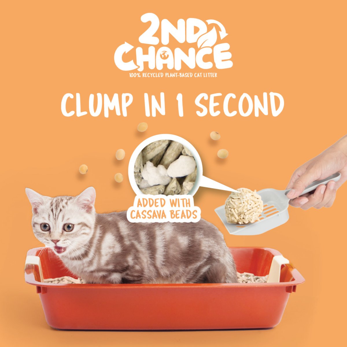 Kit Cat 2nd Chance Pea Fiber litter graphic showing one-second clumping and added cassava beads