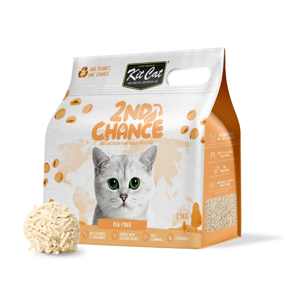 Kit Cat 2nd Chance Pea Fiber cat litter bag displayed with a clump of the plant-based litter
