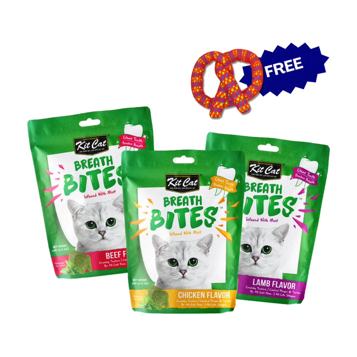 Kit Cat Breath Bites Chicken, Beef and Lamb 3-pack with free Catstages catnip pretzel