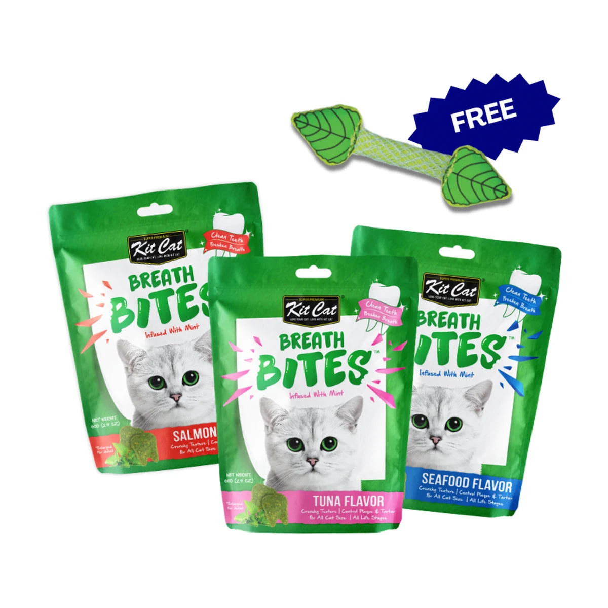Kit Cat Breath Bites Tuna, Salmon and Seafood 3-pack with free Catstages Fresh Breath Mint Stick