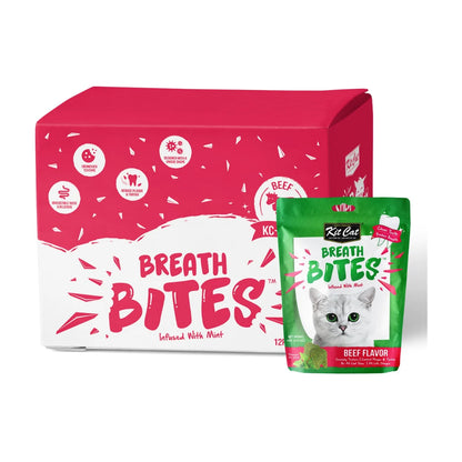 Kit Cat Breath Bites Beef Cat Dental Treats bulk box containing 12 x 60g packs, displayed with an individual green mint-infused beef dental treat pouch on a white background.