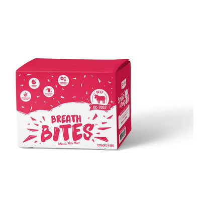 Kit Cat Breath Bites Beef Cat Dental Treats 12 x 60g bulk carton in pink and white packaging, showing beef flavour, mint infusion and dental care features.