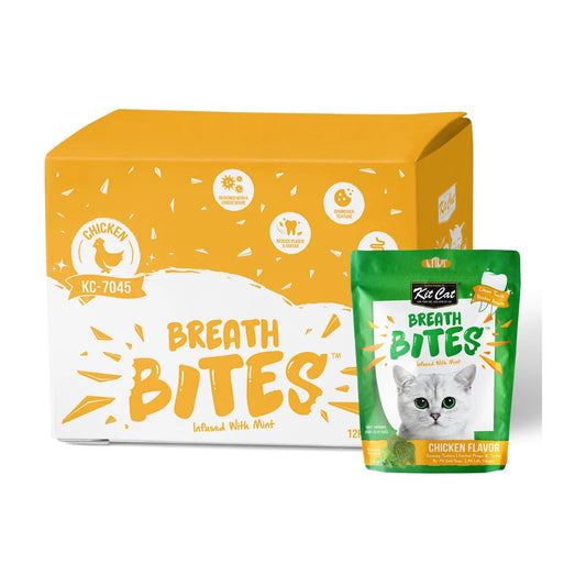 Kit Cat Breath Bites Chicken Cat Dental Treats bulk box containing 12 x 60g packs, shown with a green chicken-flavoured mint-infused dental treat pouch on a white background.