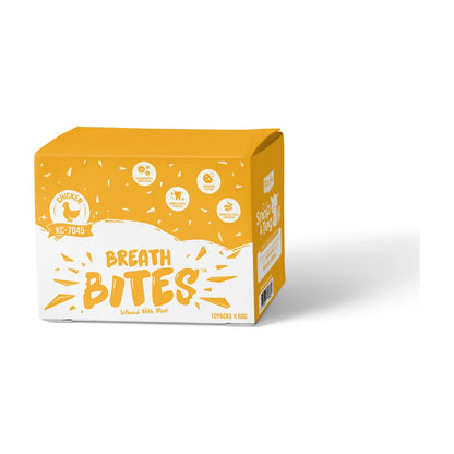 Kit Cat Breath Bites Chicken Cat Dental Treats 12 x 60g bulk carton in orange and white packaging, showing chicken flavour, mint infusion and crunchy dental care features.
 