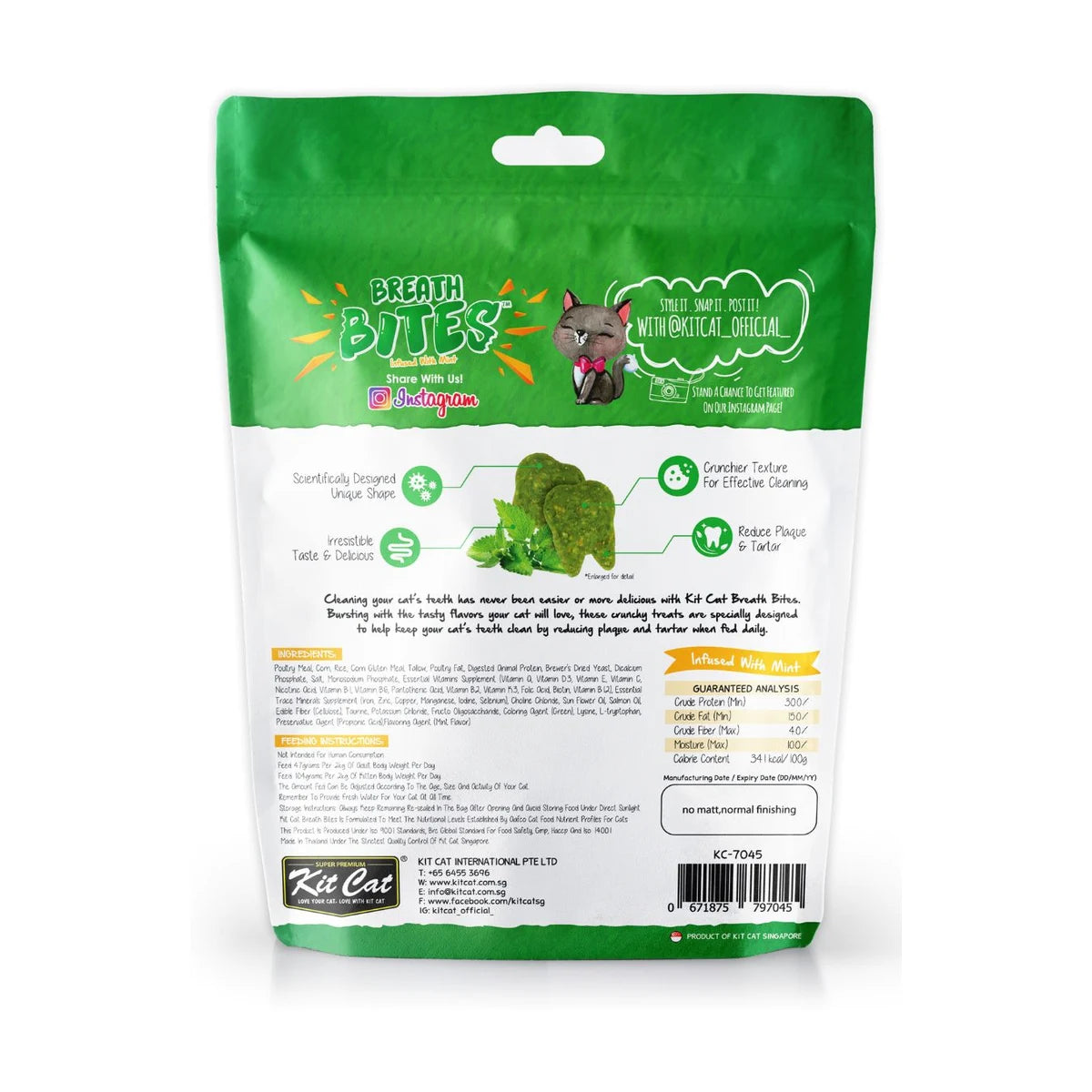 Back packaging of Kit Cat Breath Bites Chicken Cat Dental Treats 60g with ingredients feeding guide and analysis
