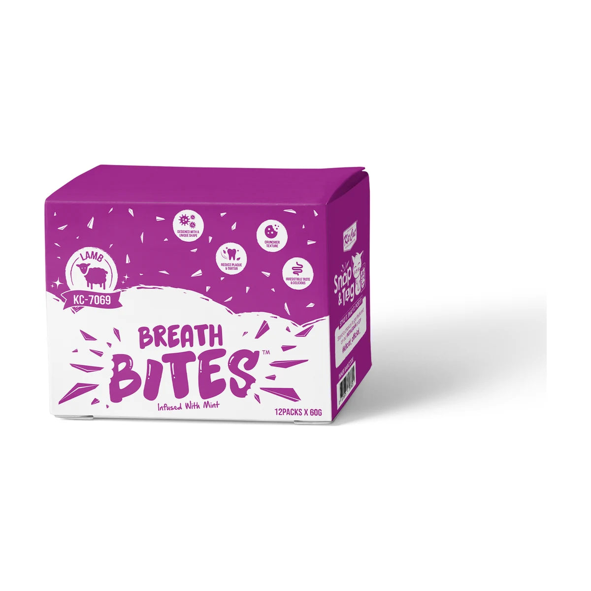 Kit Cat Breath Bites Lamb Cat Dental Treats 12 x 60g purple and white bulk carton showing lamb flavour, mint infusion, crunchy texture and plaque and tartar care features.