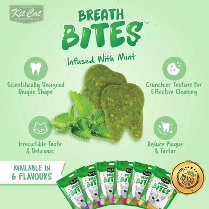 Kit Cat Breath Bites mint-infused cat dental treats infographic showing crunchy tooth-shaped bites, plaque and tartar control features and six available flavours.