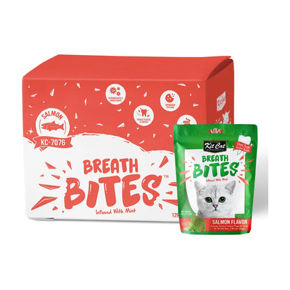Kit Cat Breath Bites Salmon Cat Dental Treats 12 × 60g bulk box with green salmon-flavoured, mint-infused dental treat pouch, displayed on a white background.