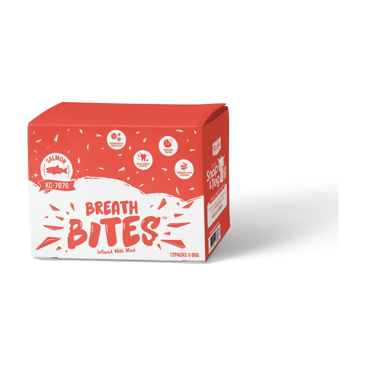 Kit Cat Breath Bites Salmon Cat Dental Treats 12 × 60g coral-red and white bulk carton showing Salmon flavour, mint infusion, crunchy texture and plaque and tartar care features.