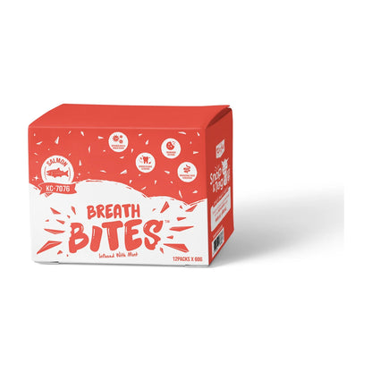 Kit Cat Breath Bites Salmon Cat Dental Treats 12 × 60g coral-red and white bulk carton showing Salmon flavour, mint infusion, crunchy texture and plaque and tartar care features.
