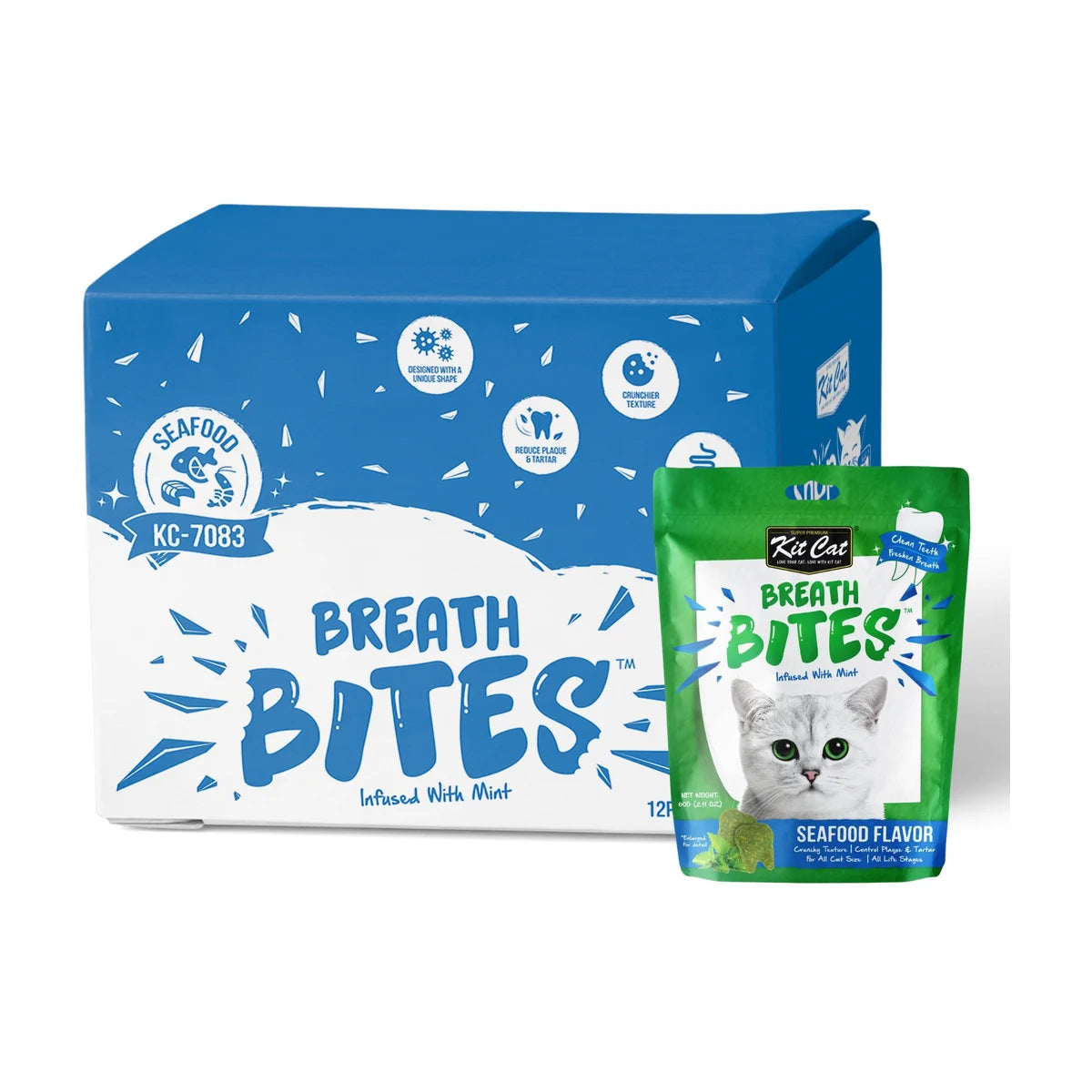 Kit Cat Breath Bites Seafood Cat Dental Treats 12 × 60g blue and white bulk box with green seafood-flavoured, mint-infused dental treat pouch on a white background.