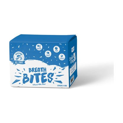Kit Cat Breath Bites Seafood Cat Dental Treats 12 × 60g blue and white bulk carton showing Seafood flavour, mint infusion, crunchy texture and plaque and tartar care features.