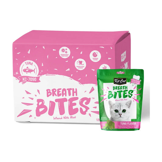 Kit Cat Breath Bites Tuna Cat Dental Treats 12 × 60g bulk box with individual green tuna-flavoured, mint-infused dental treat pouch, displayed on a white background.