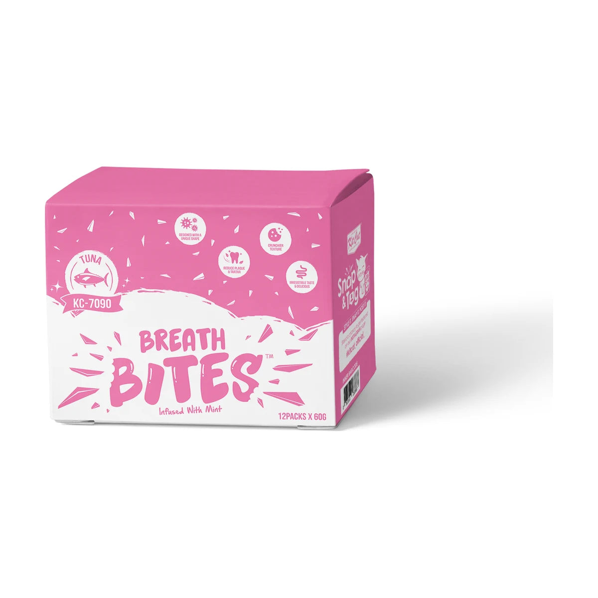 Kit Cat Breath Bites Tuna Cat Dental Treats 12 × 60g pink and white bulk carton, showing tuna flavour, mint infusion, crunchy texture and plaque and tartar care features.