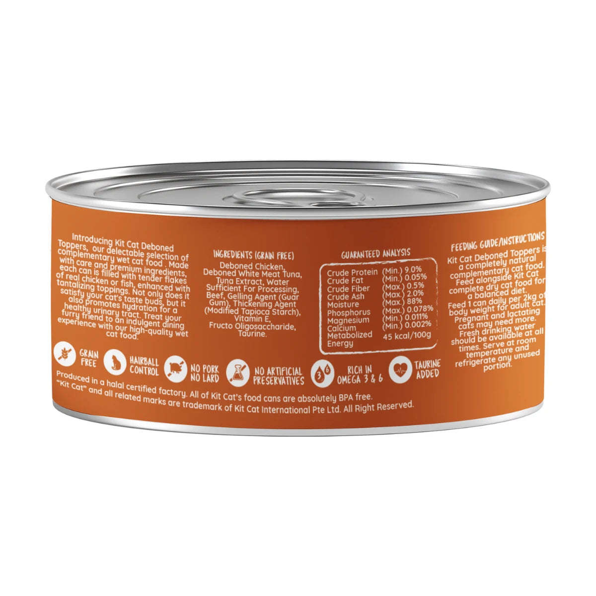 Back label of Kit Cat Chicken & Beef Aspic can with ingredients and feeding information