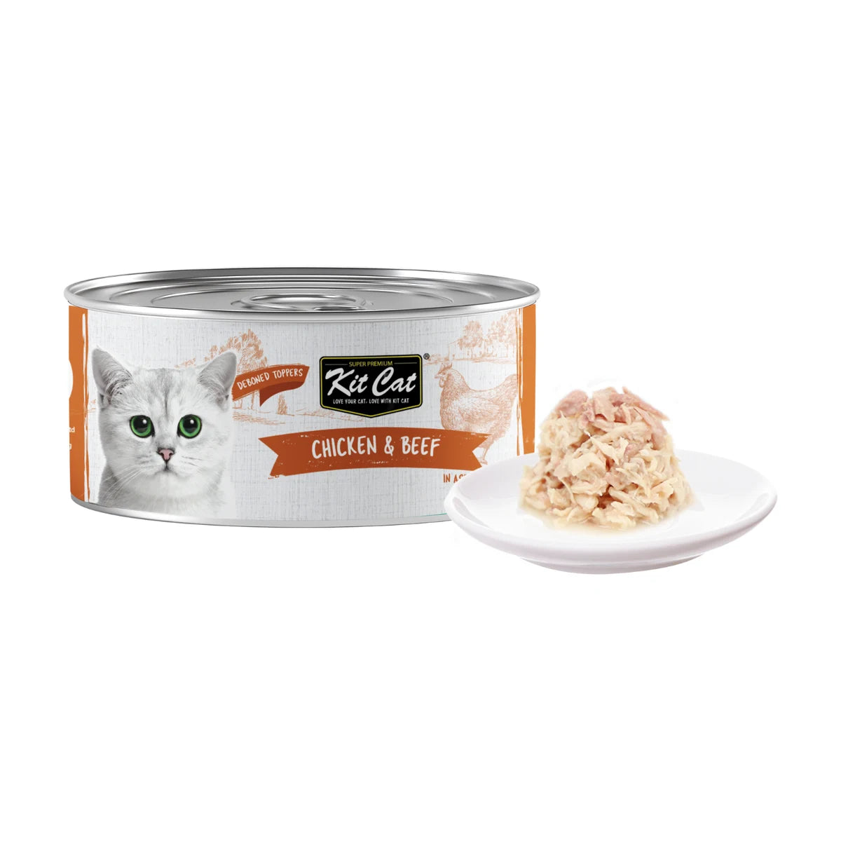 Kit Cat Chicken & Beef Aspic can beside tender meat flakes on a white plate