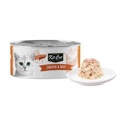 Kit Cat Chicken & Beef Aspic can beside tender meat flakes on a white plate
