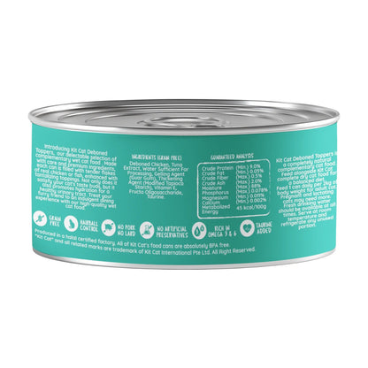Back label of Kit Cat Chicken Classic Aspic 80g can with ingredients and feeding information