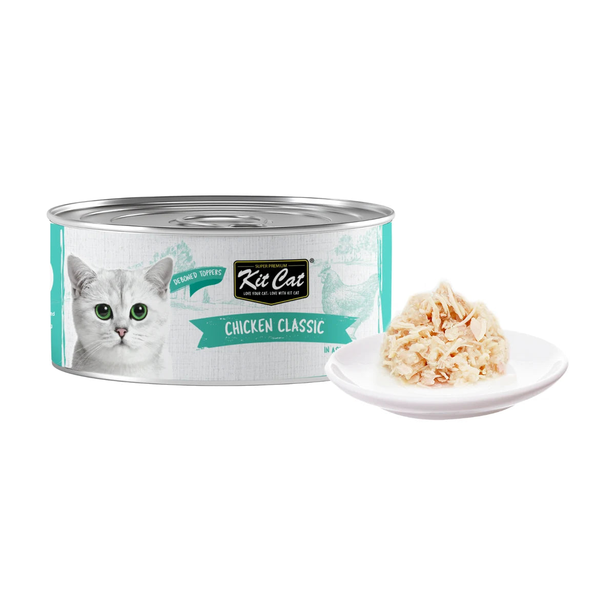 Kit Cat Chicken Classic Aspic can beside tender chicken flakes on a white plate
