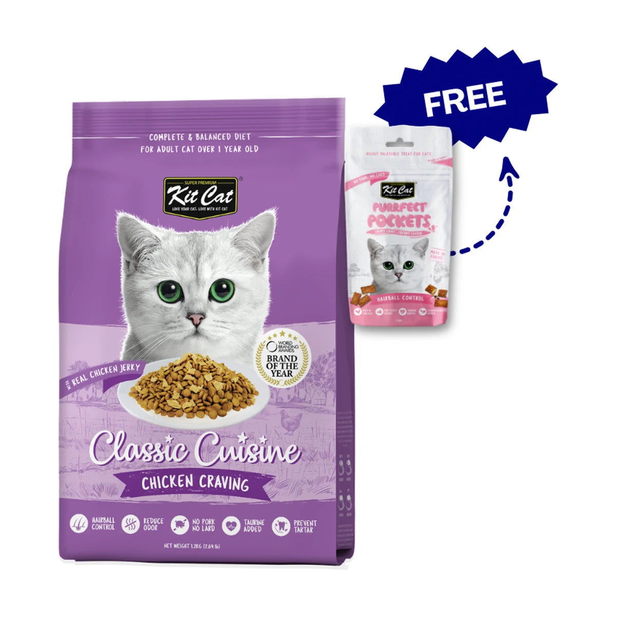 Kit Cat Classic Cuisine Chicken Craving 1.2kg with free Purrfect Pockets Hairball Control treats 60g