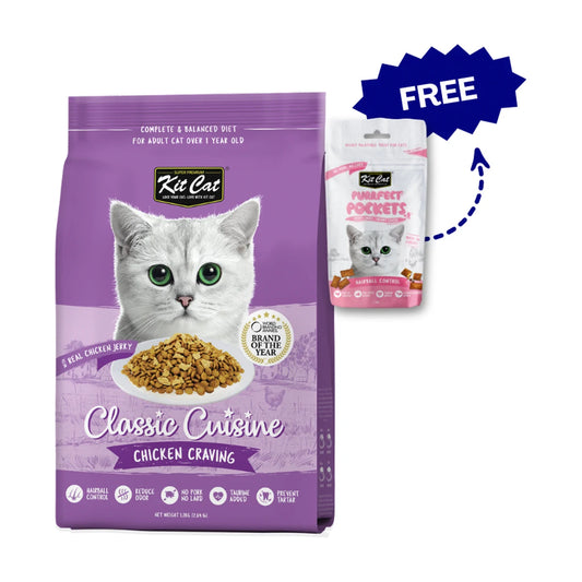 Kit Cat Classic Cuisine Chicken Craving 1.2kg with free Purrfect Pockets Hairball Control treats 60g
