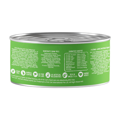 Back label of Kit Cat Chicken & Lamb Aspic 80g can with feeding and product information