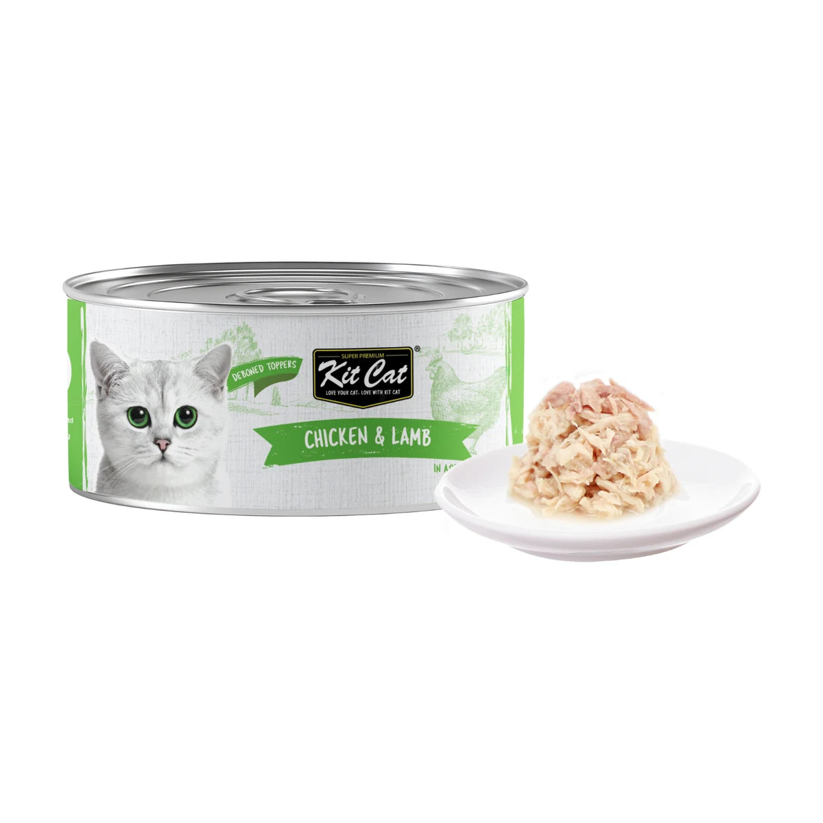 Kit Cat Chicken & Lamb Aspic can beside tender flakes on a white plate