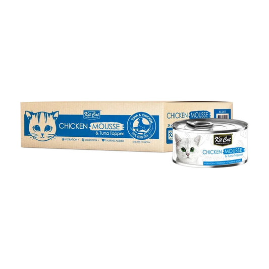 Kit Cat Chicken Mousse and Tuna Topper carton with 24 80g wet cat food cans