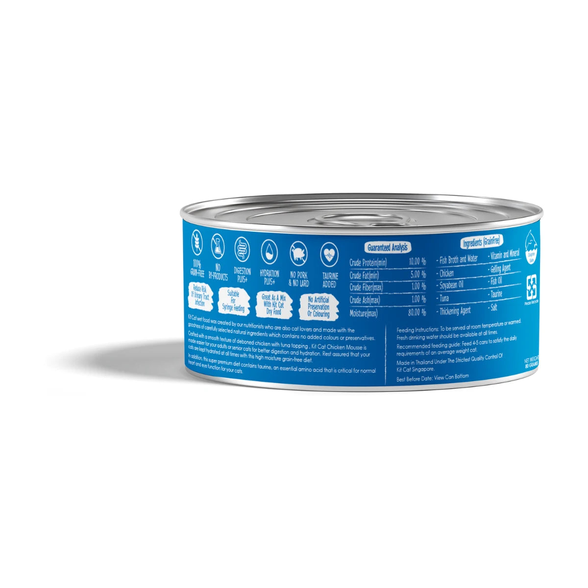 Back packaging of Kit Cat Chicken Mousse with Tuna Topper wet cat food 80 g