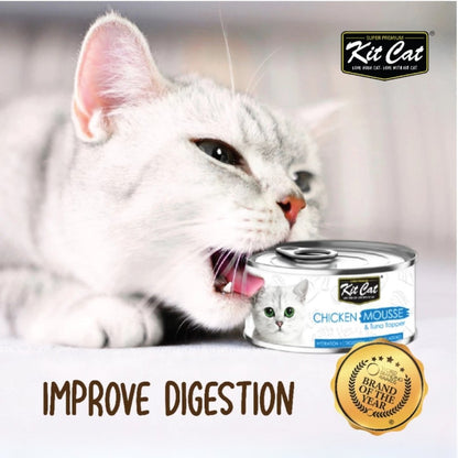 Kit Cat Chicken Mousse with Tuna Topper wet cat food digestion support graphic