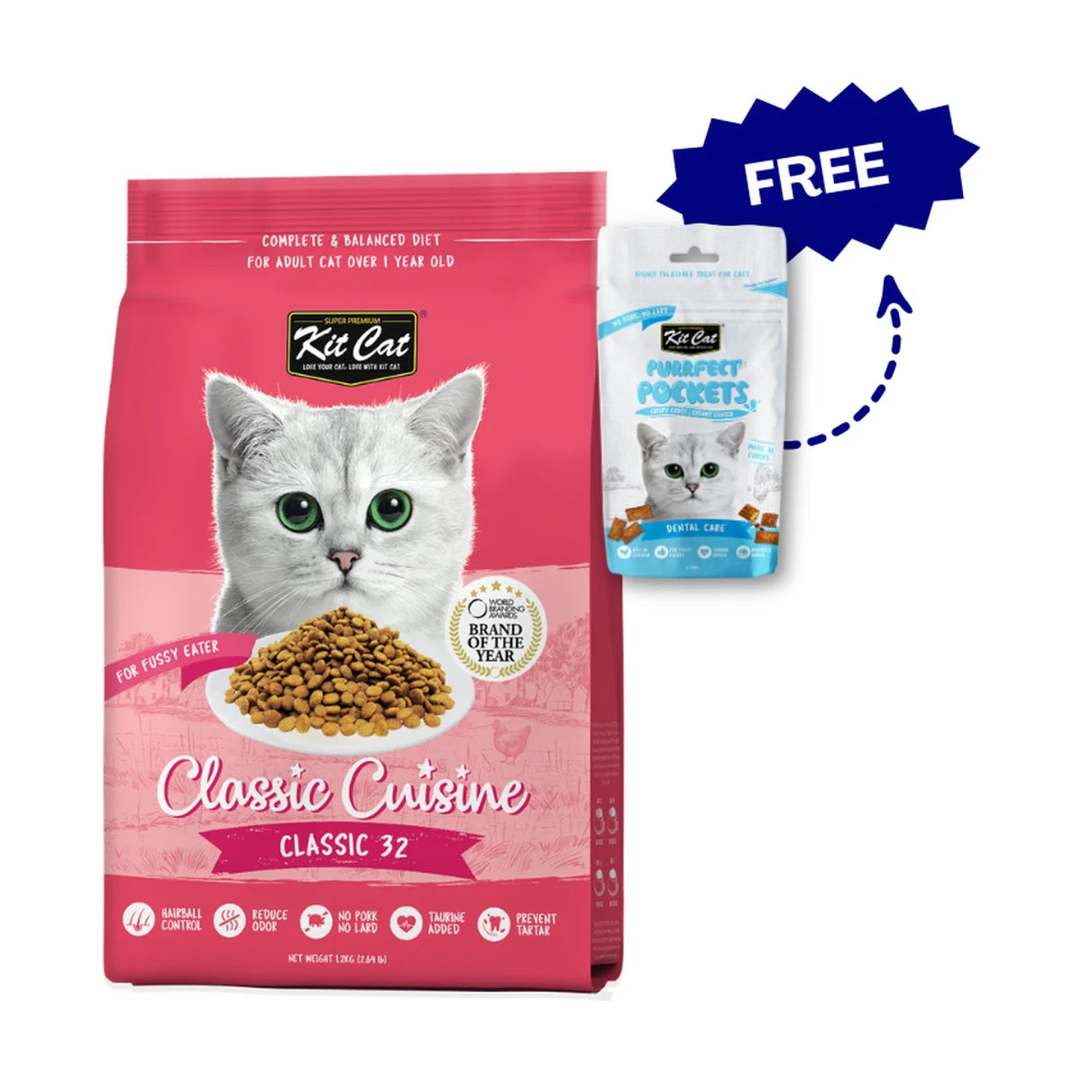 Kit Cat Classic 32 dry cat food 1.2kg with free Purrfect Pockets Dental Care cat treats 60g