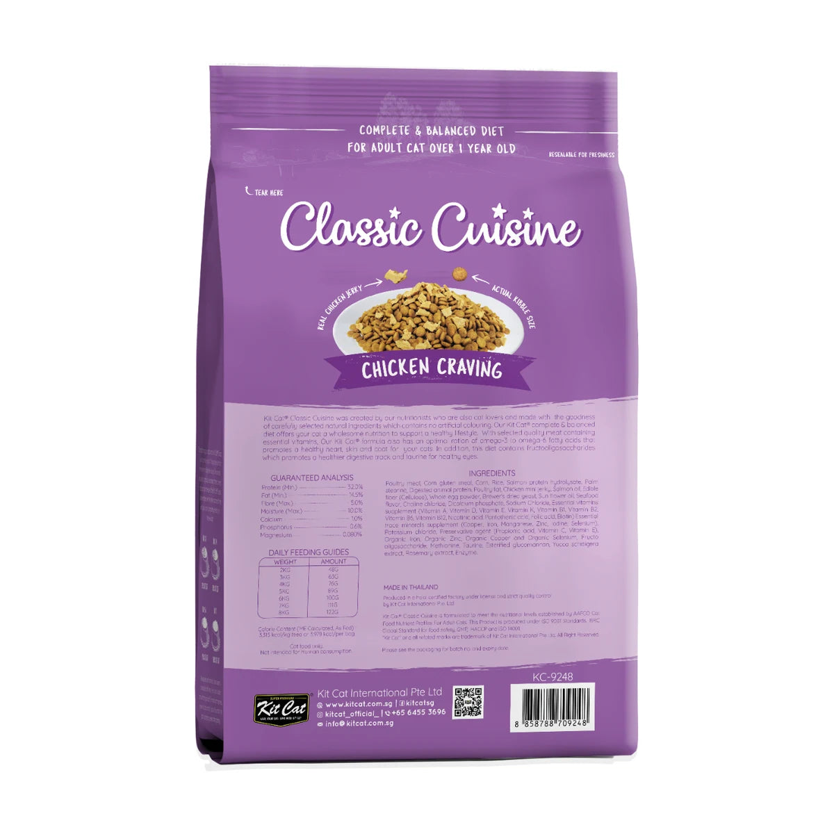 Back packaging of Kit Cat Classic Cuisine Chicken Craving dry cat food 1.2 kg