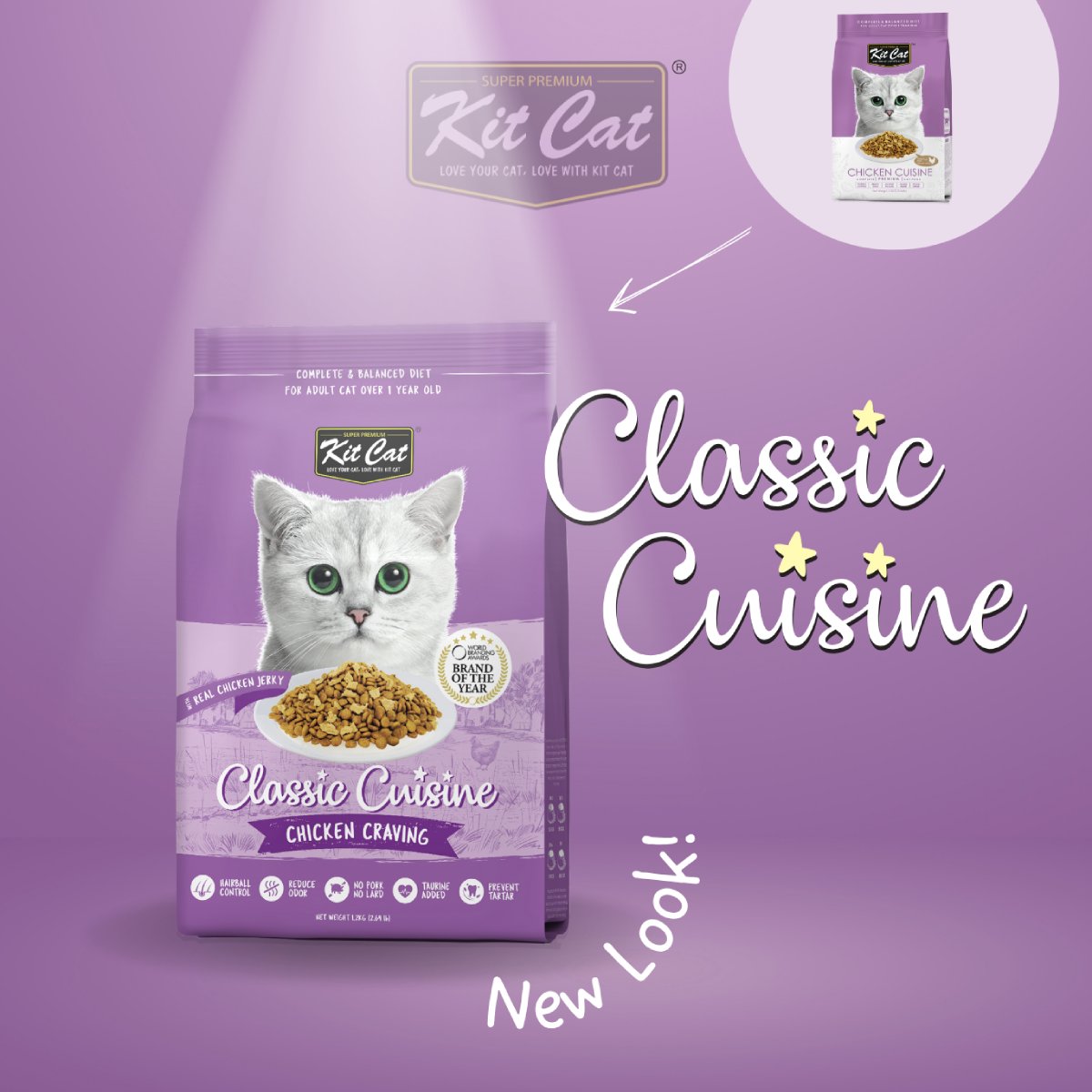 Kit Cat Classic Cuisine Chicken Craving adult dry cat food range graphic