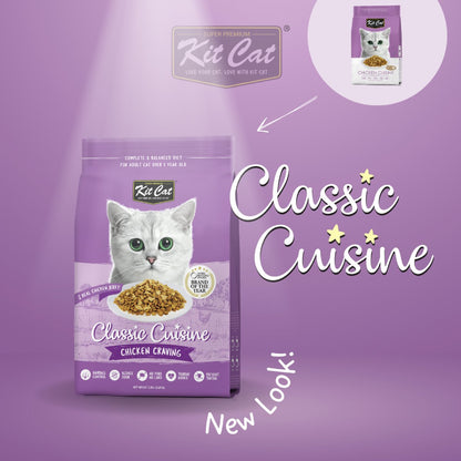 Kit Cat Classic Cuisine Chicken Craving adult dry cat food range graphic