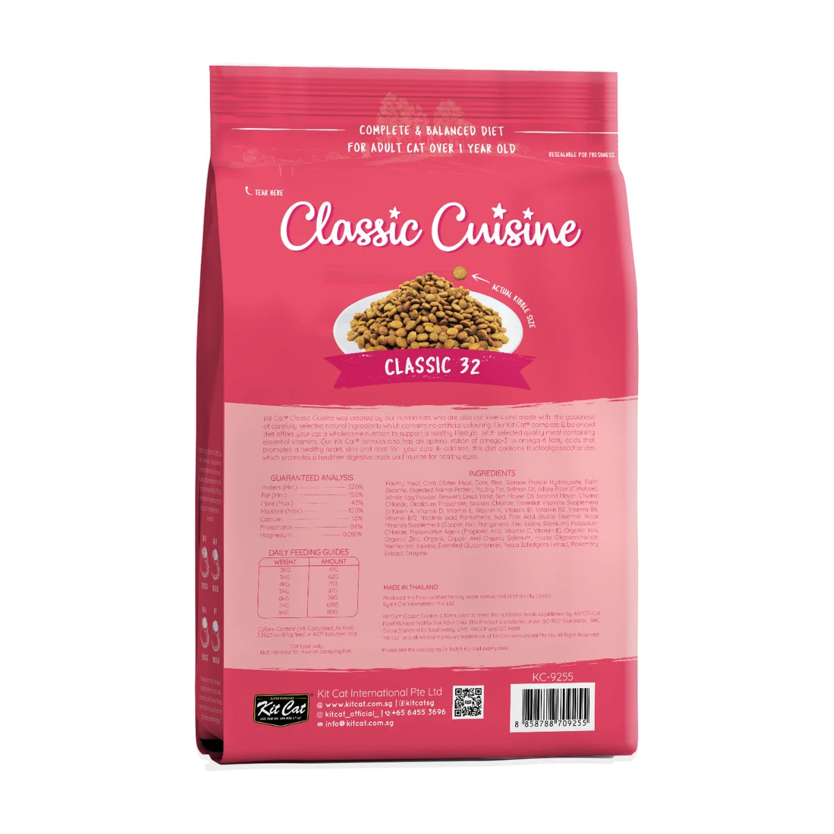 Back packaging of Kit Cat Classic Cuisine Classic 32 dry cat food 1.2 kg