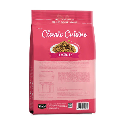 Back packaging of Kit Cat Classic Cuisine Classic 32 dry cat food 1.2 kg