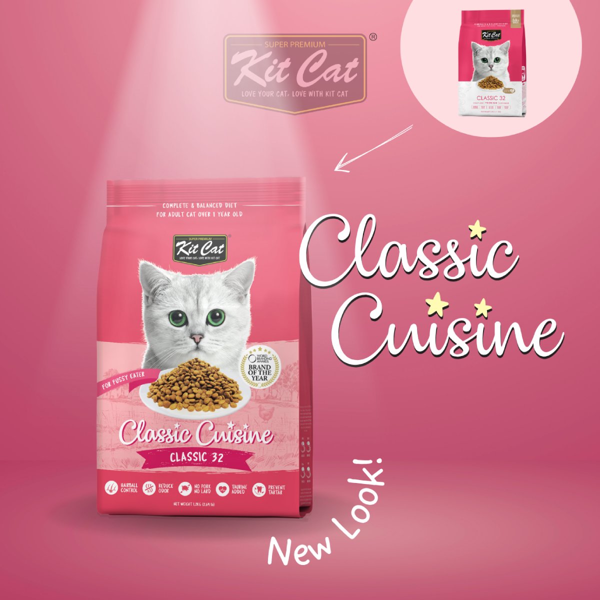 Kit Cat Classic Cuisine Classic 32 adult dry cat food range graphic