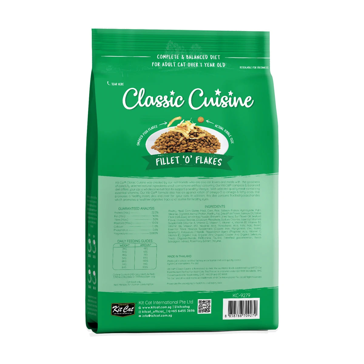 Back packaging of Kit Cat Classic Cuisine Fillet O Flakes dry cat food 1.2 kg