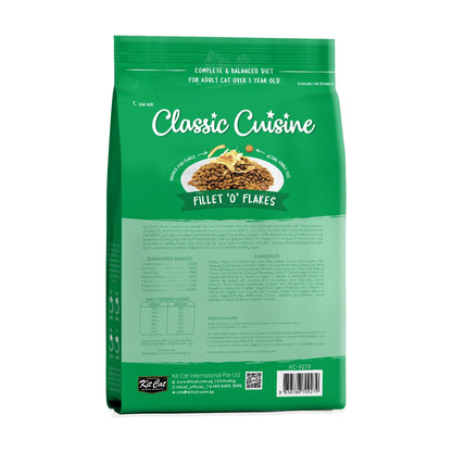 Back packaging of Kit Cat Classic Cuisine Fillet O Flakes dry cat food 1.2 kg