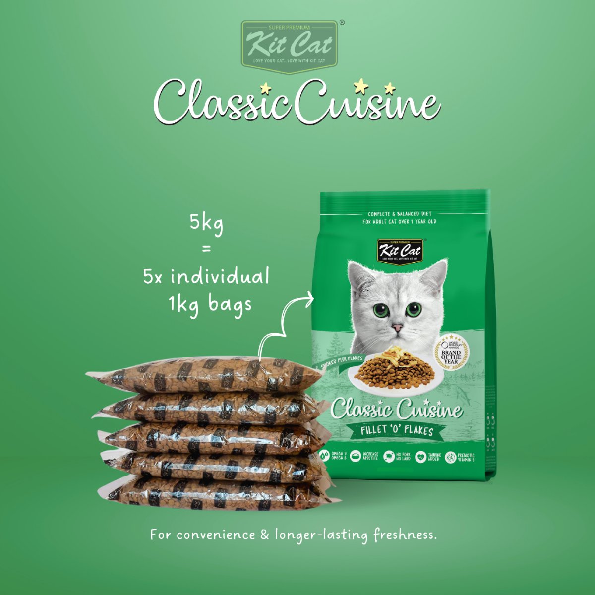 Kit Cat Classic Cuisine Fillet O Flakes 5 kg pack containing five individual 1 kg bags