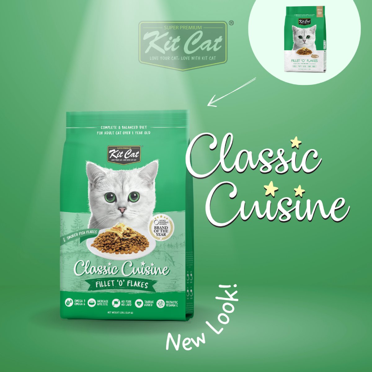 Kit Cat Classic Cuisine Fillet O Flakes adult dry cat food range graphic