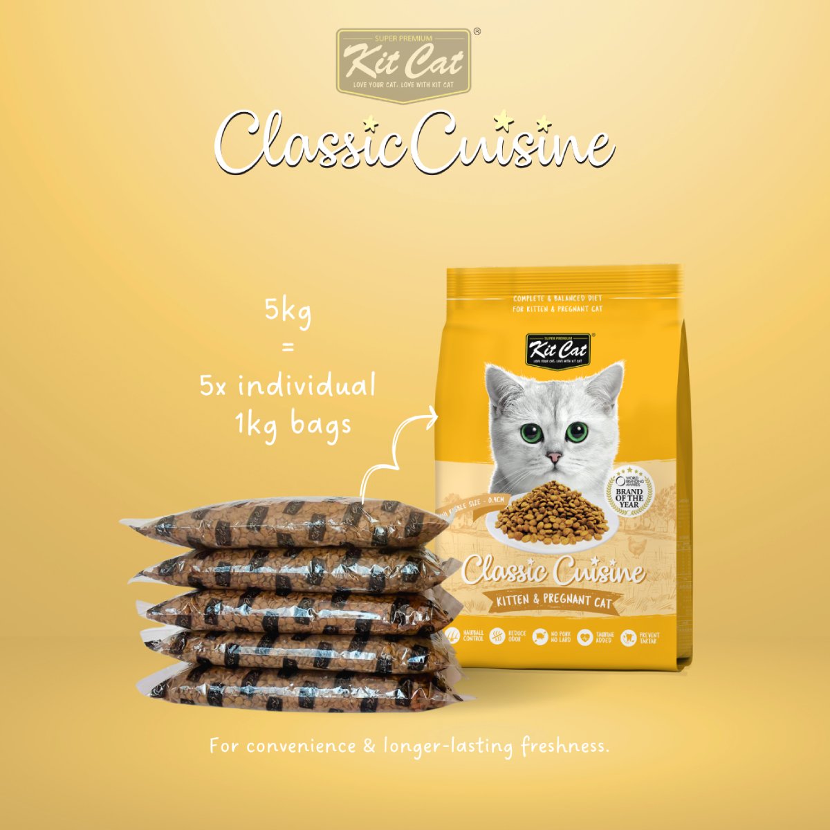 Kit Cat Classic Cuisine Kitten & Pregnant Cat 5kg pack with five individual 1kg bags