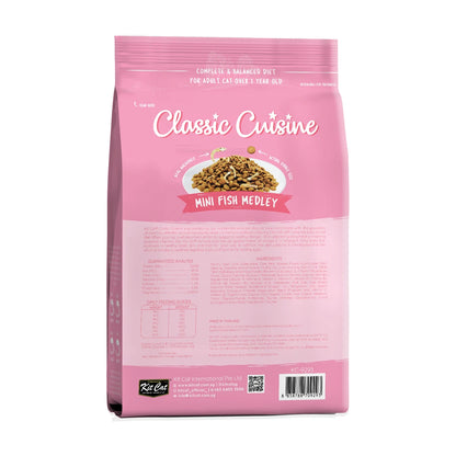 Back packaging of Kit Cat Classic Cuisine Mini Fish Medley dry cat food 1.2 kg