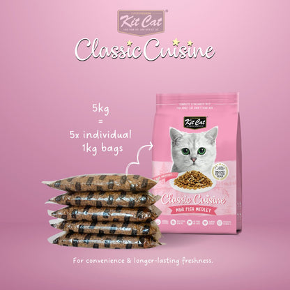 Kit Cat Classic Cuisine Mini Fish Medley 5 kg pack with five individual 1 kg bags