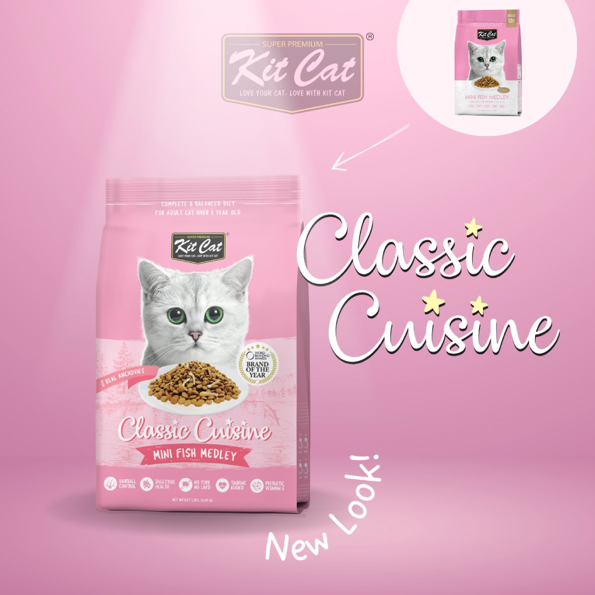 Kit Cat Classic Cuisine Mini Fish Medley adult dry cat food product graphic