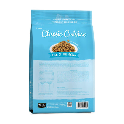Back packaging of Kit Cat Classic Cuisine Pick of the Ocean dry cat food 1.2 kg