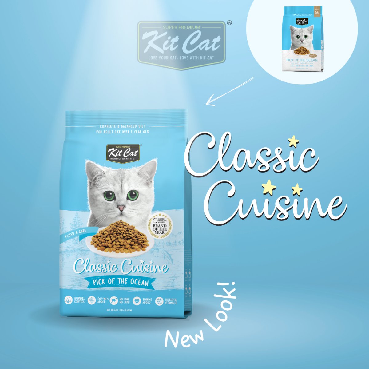 Kit Cat Classic Cuisine Pick of the Ocean adult dry cat food range graphic