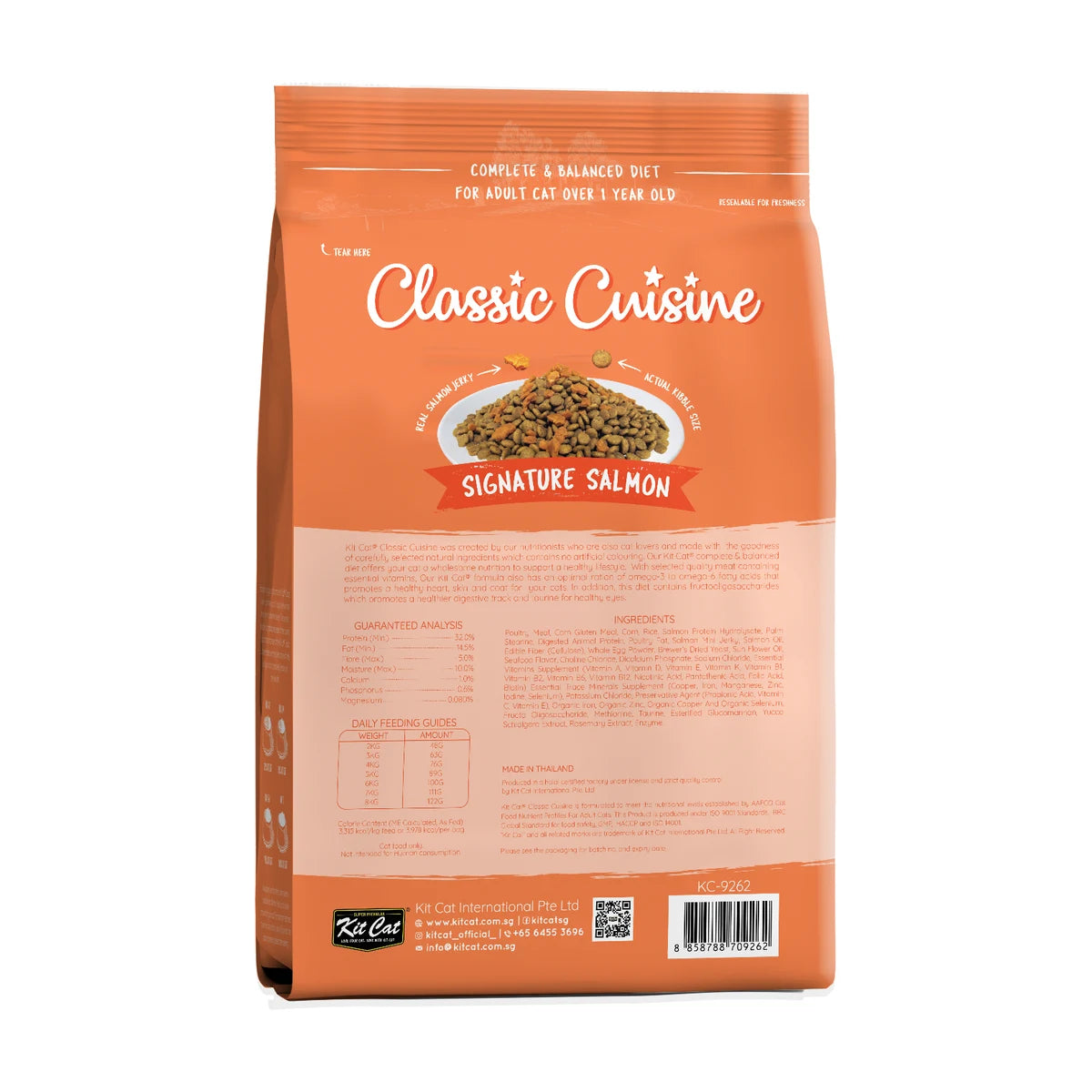 Back packaging of Kit Cat Classic Cuisine Signature Salmon dry cat food 1.2 kg